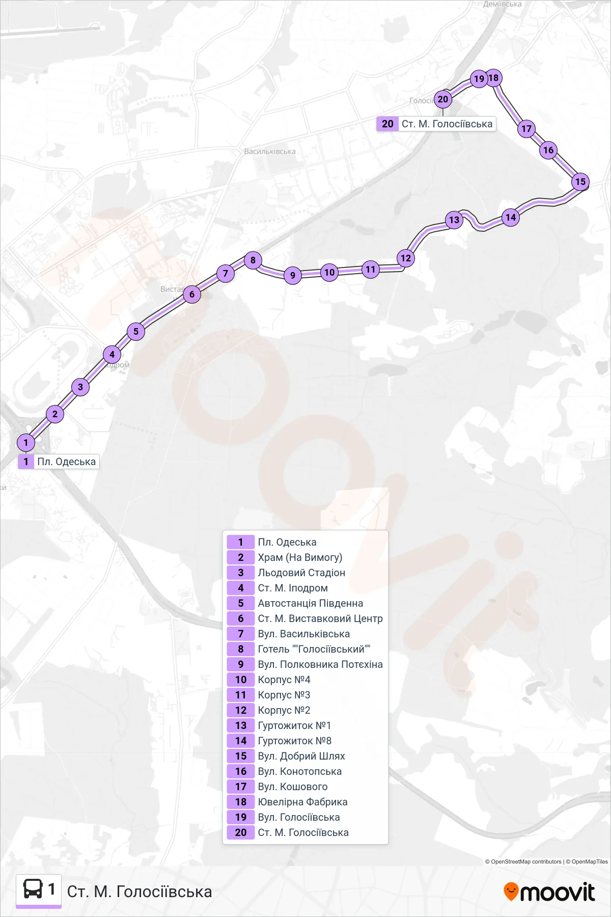 1 bus Line (Metro Station Holosiivska) route and stops on a map