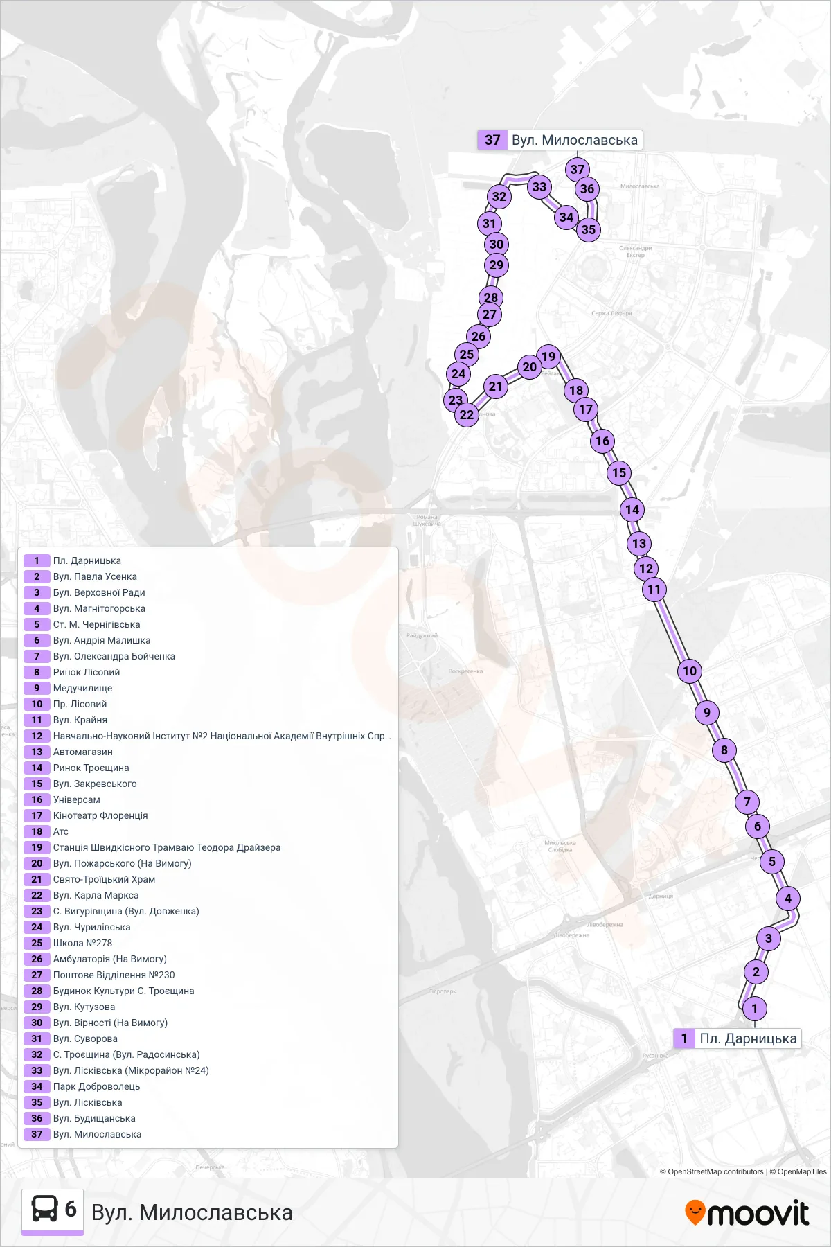 6 bus Line (Myloslavska St.) route and stops on a map