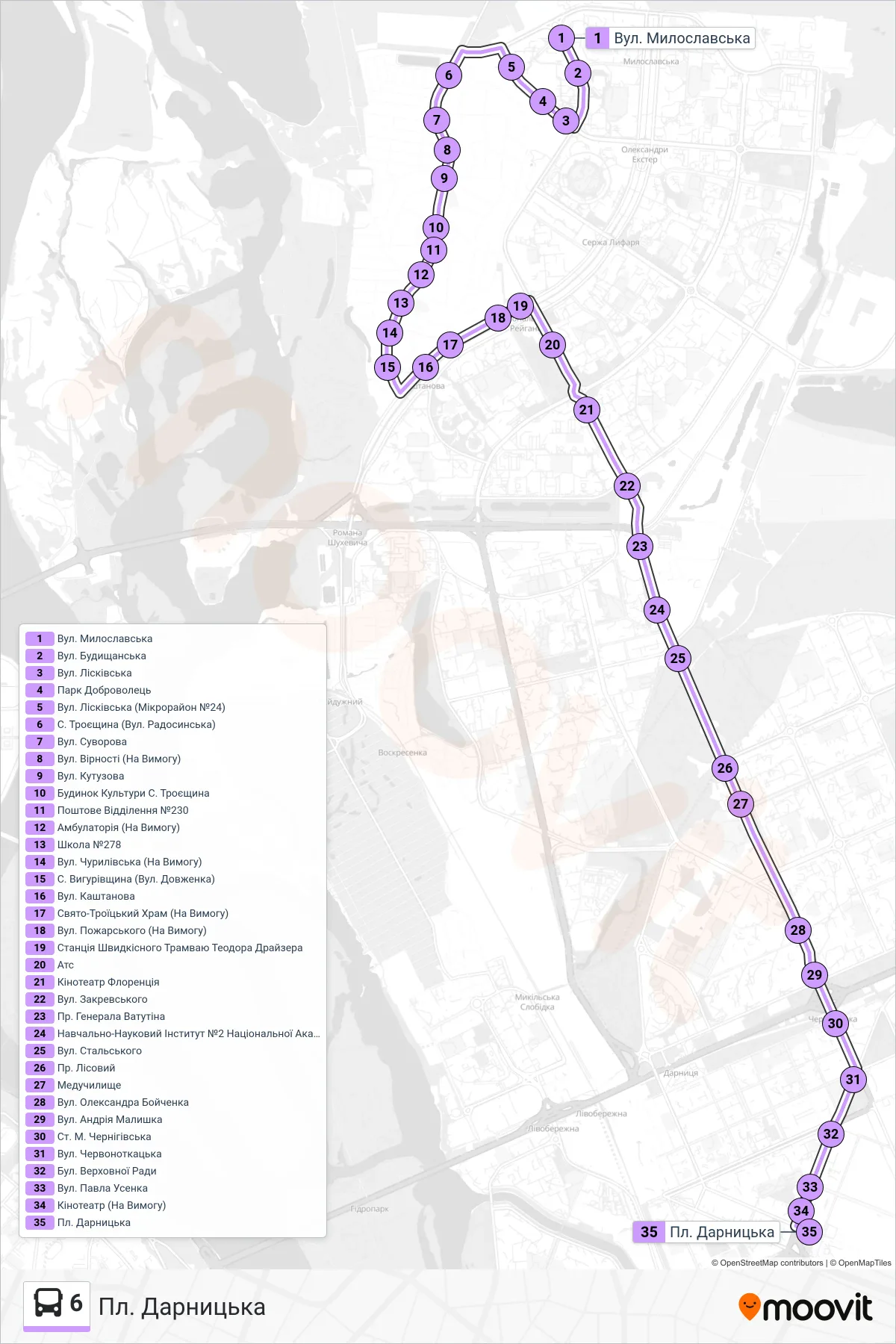 6 bus Line (Darnytska Square) route and stops on a map