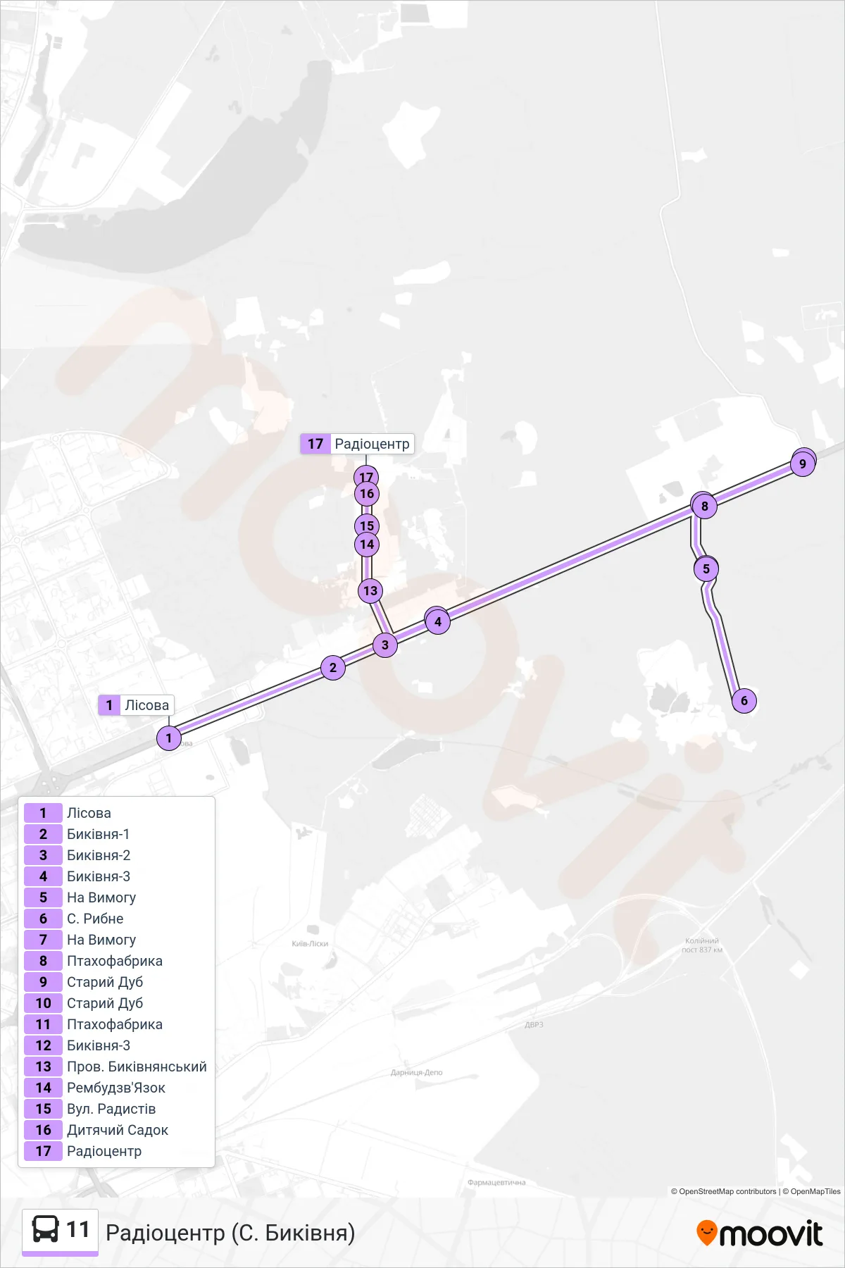 11 bus Line (Radio Center (Bykivnia Village)) route and stops on a map
