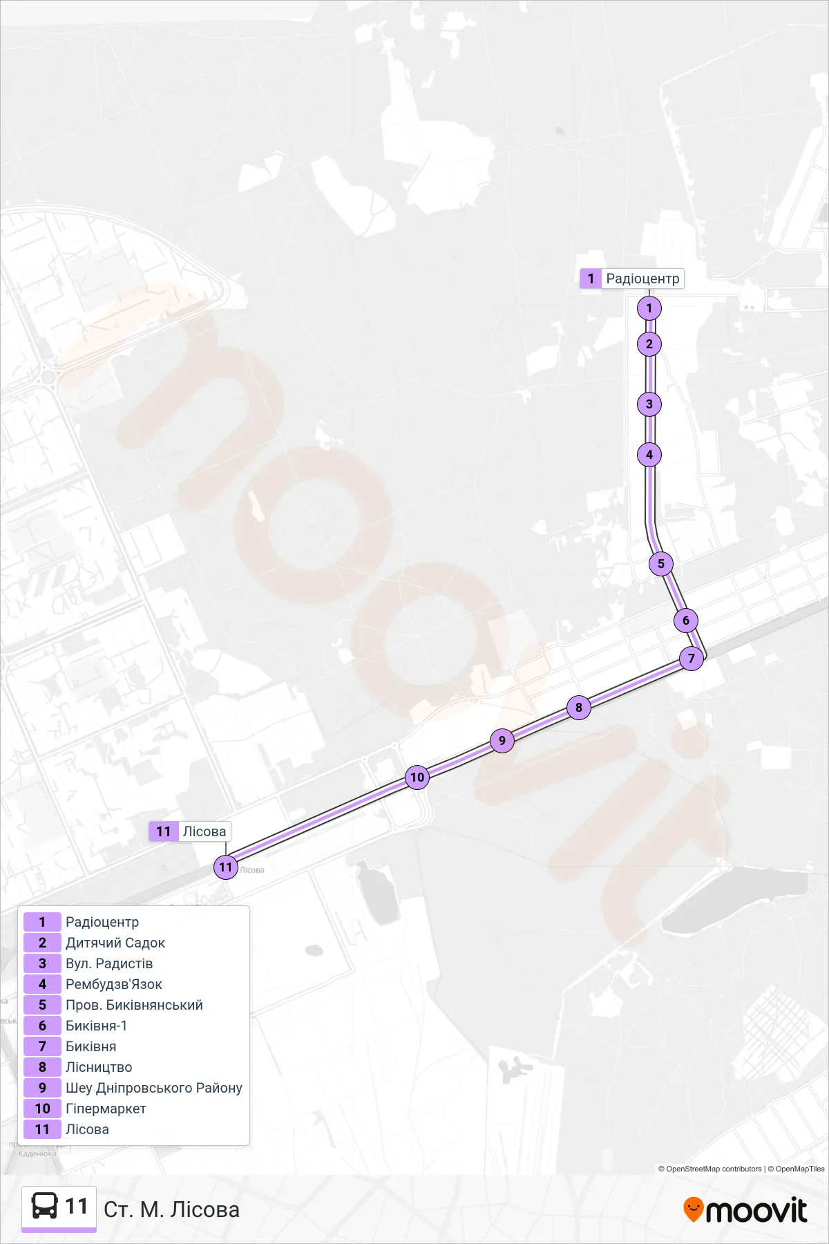 11 bus Line (Metro Lisova) route and stops on a map