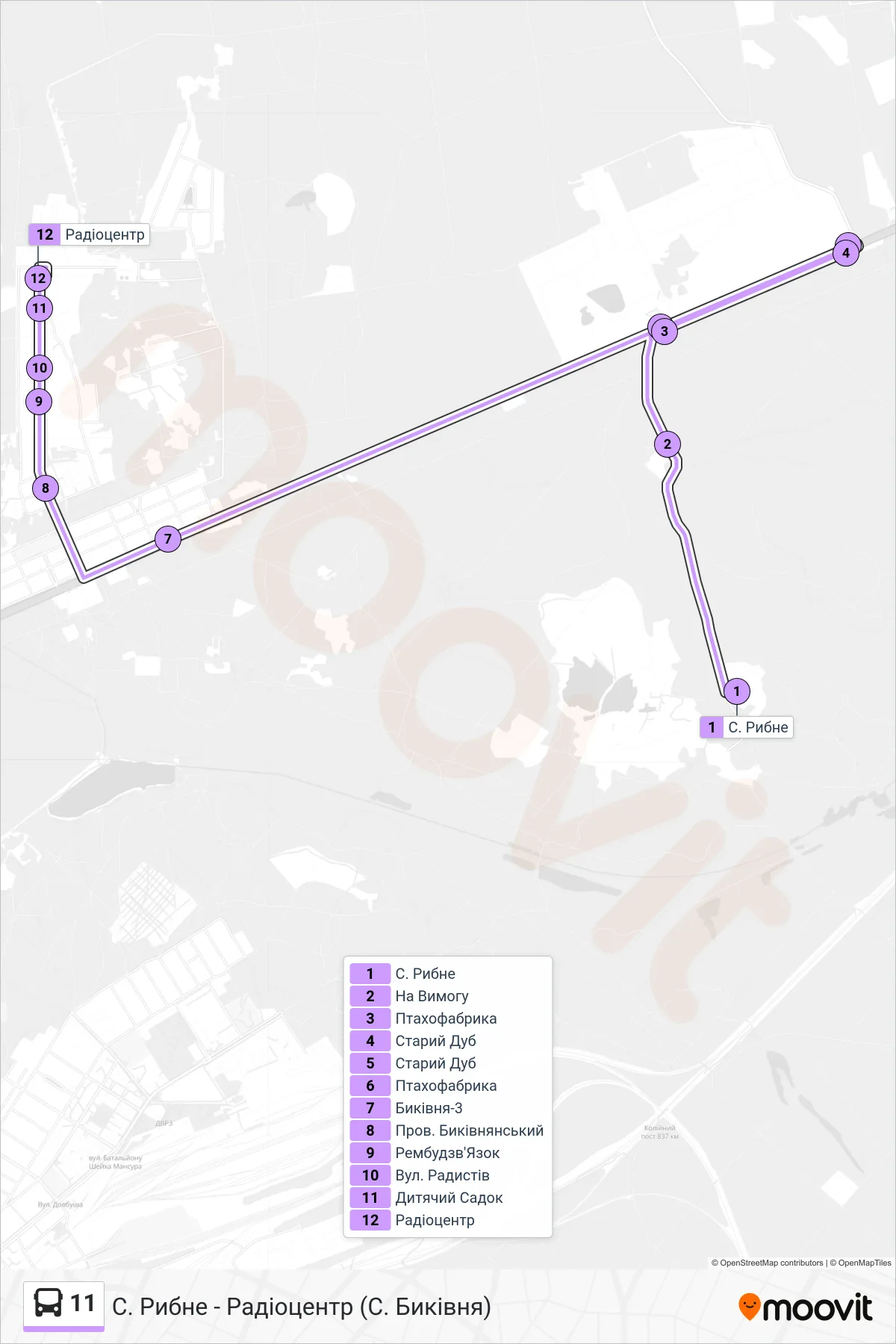 11 bus Line (Rybne Village - Radio Center (Bykivnia Village)) route and stops on a map