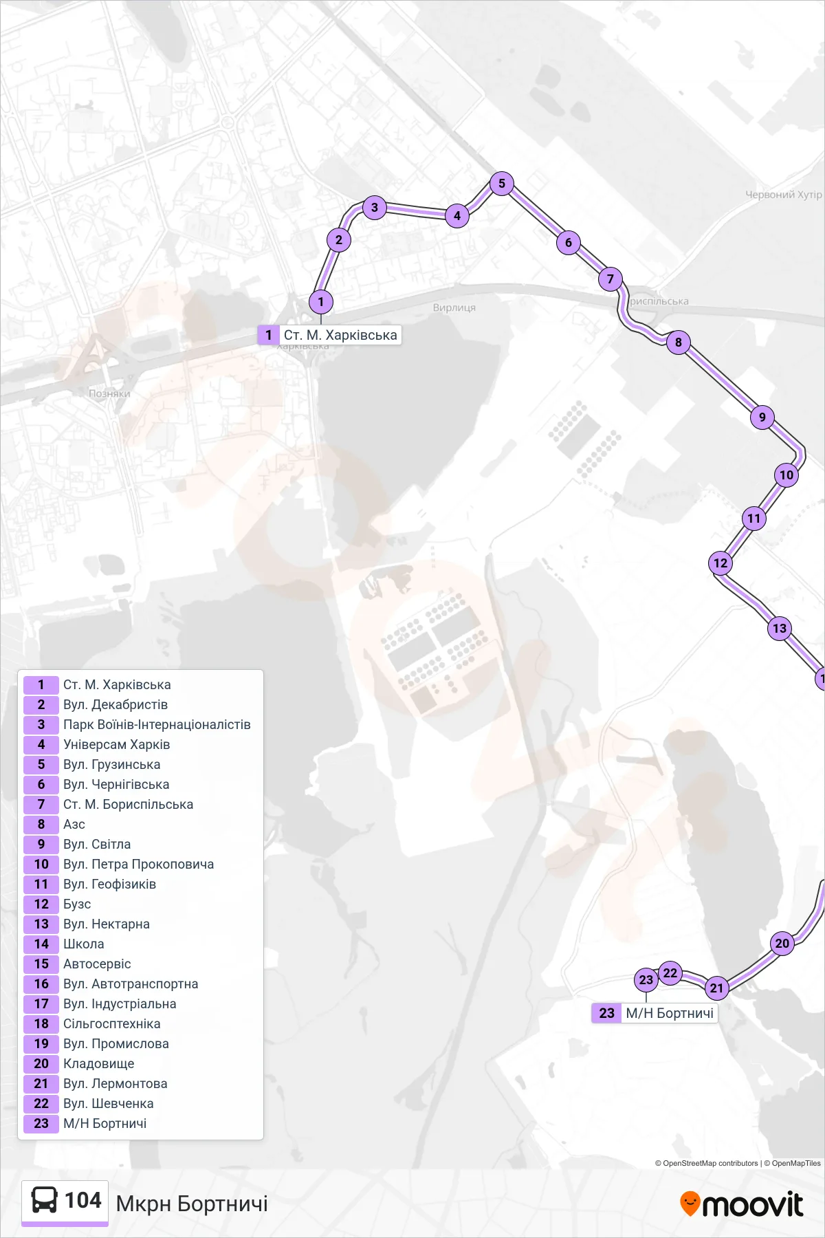 104 bus Line (Bortnychi District) route and stops on a map