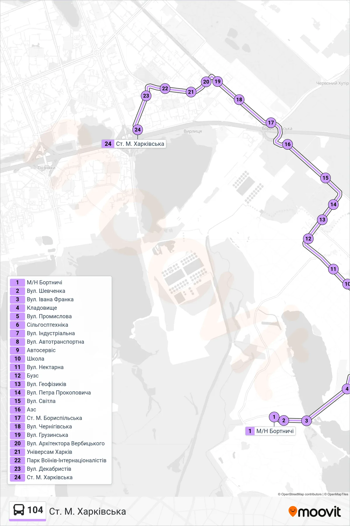 104 bus Line (Kharkivska Metro Station) route and stops on a map