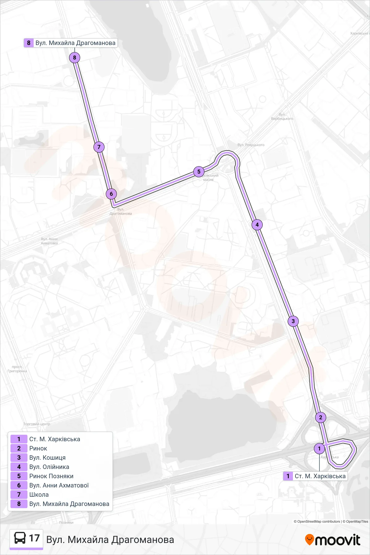 17 bus Line (Mykhailo Drahomanov St) route and stops on a map