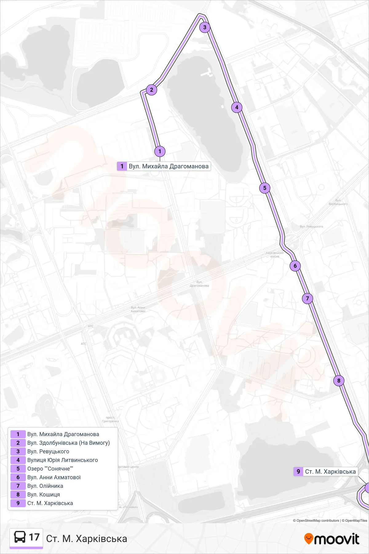 17 bus Line (Kharkivska Metro Station) route and stops on a map