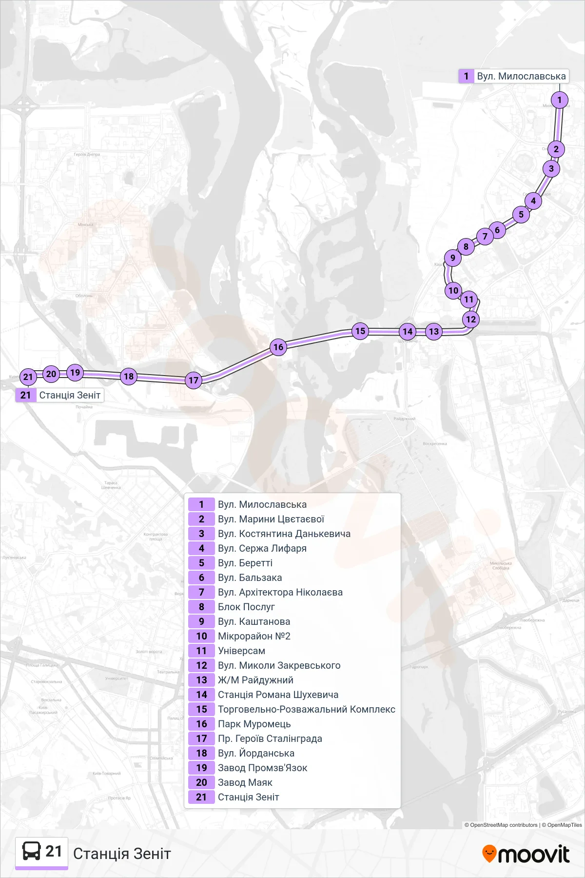 21 bus Line (Zenit Station) route and stops on a map
