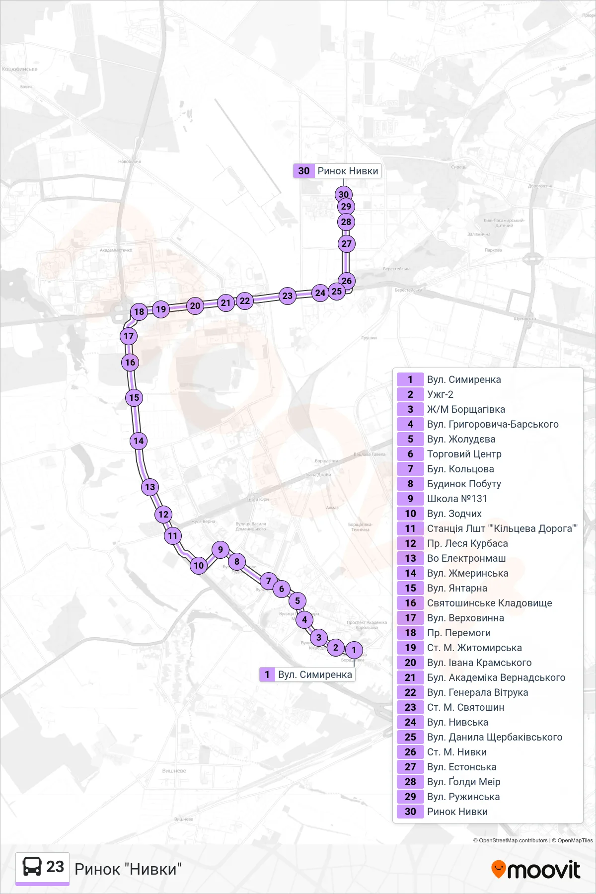 23 bus Line (Nyvky Market) route and stops on a map