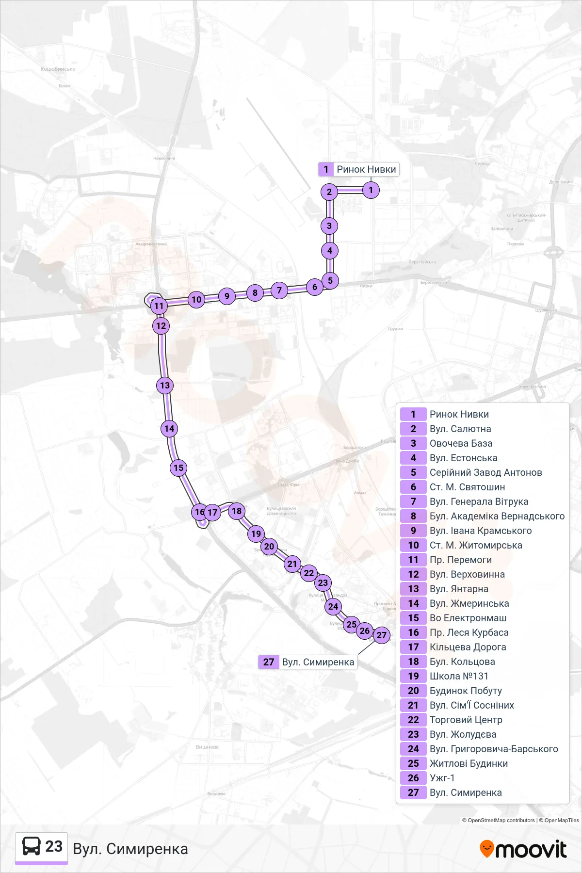 23 bus Line (Symerenka Street) route and stops on a map