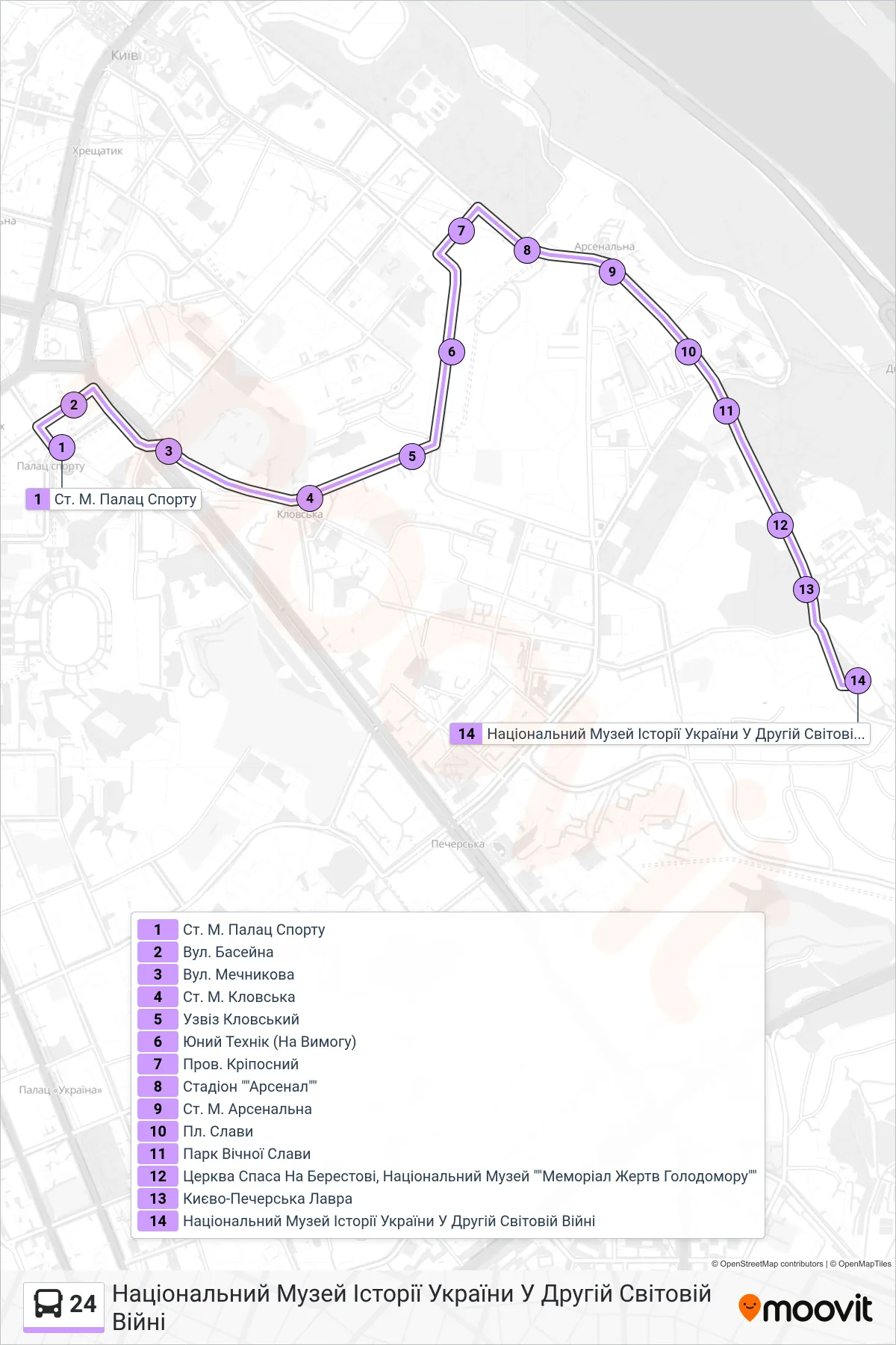 24 bus Line (National Museum of the History of Ukraine in World War II) route and stops on a map