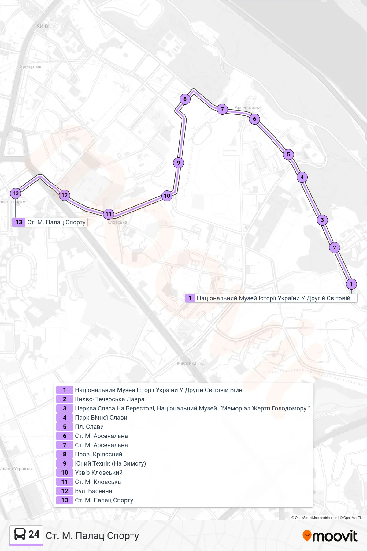 24 bus Line (Palace of Sports Metro Station) route and stops on a map