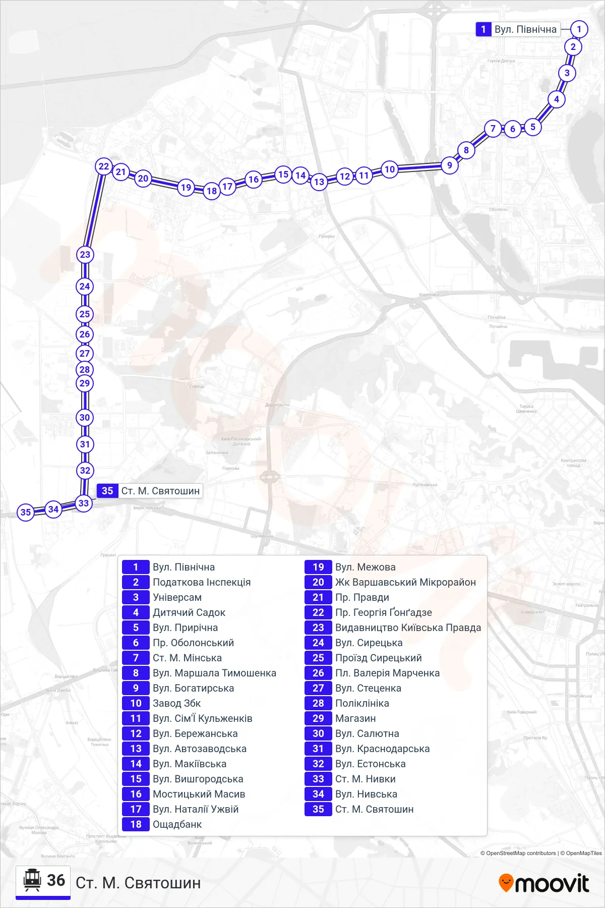 36 cable car Line (Sviatoshyn Metro Station) route and stops on a map