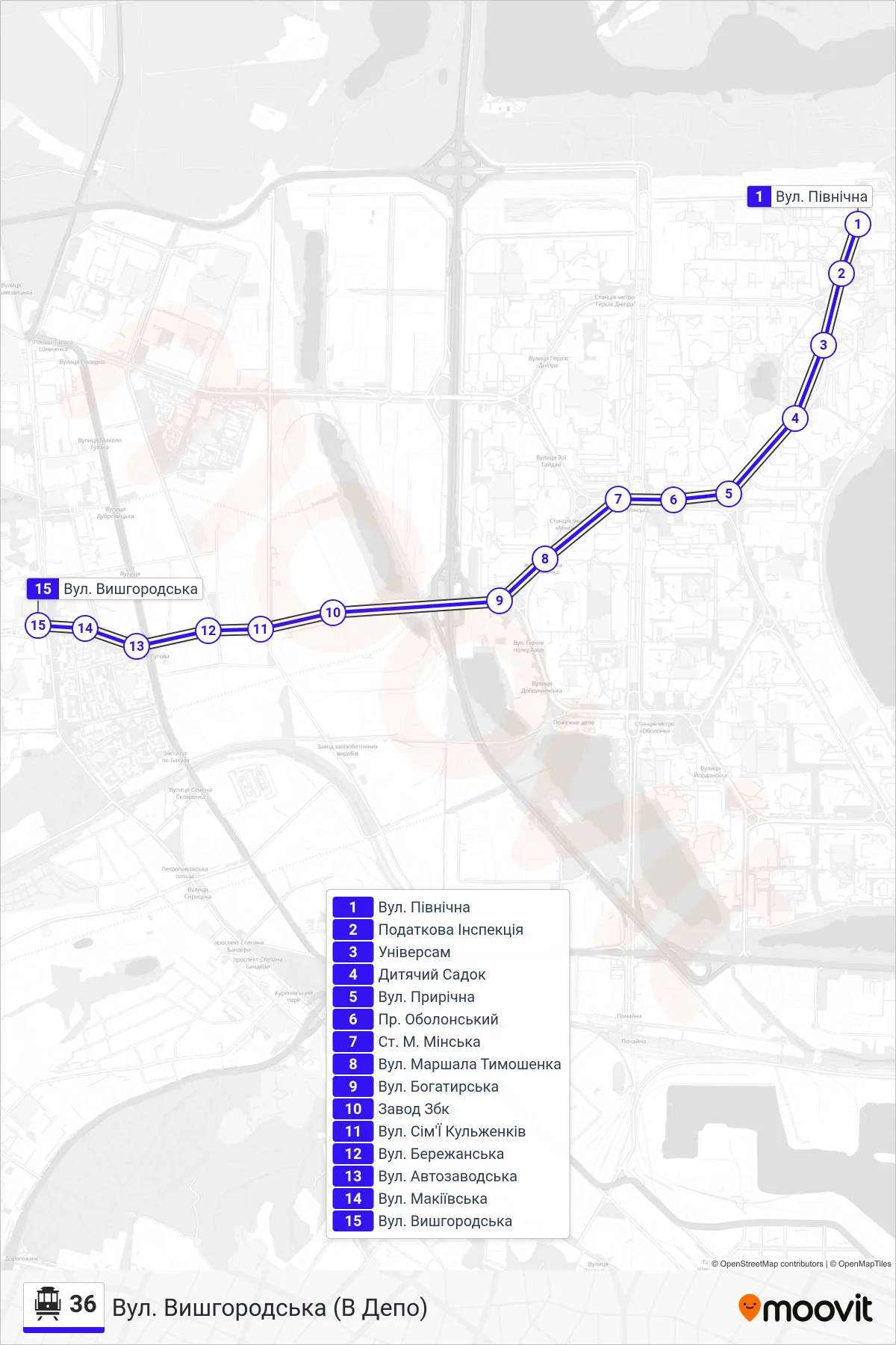 36 Trolleybus Line (Vyshhorodska St. (To Depot)) route and stops on a map