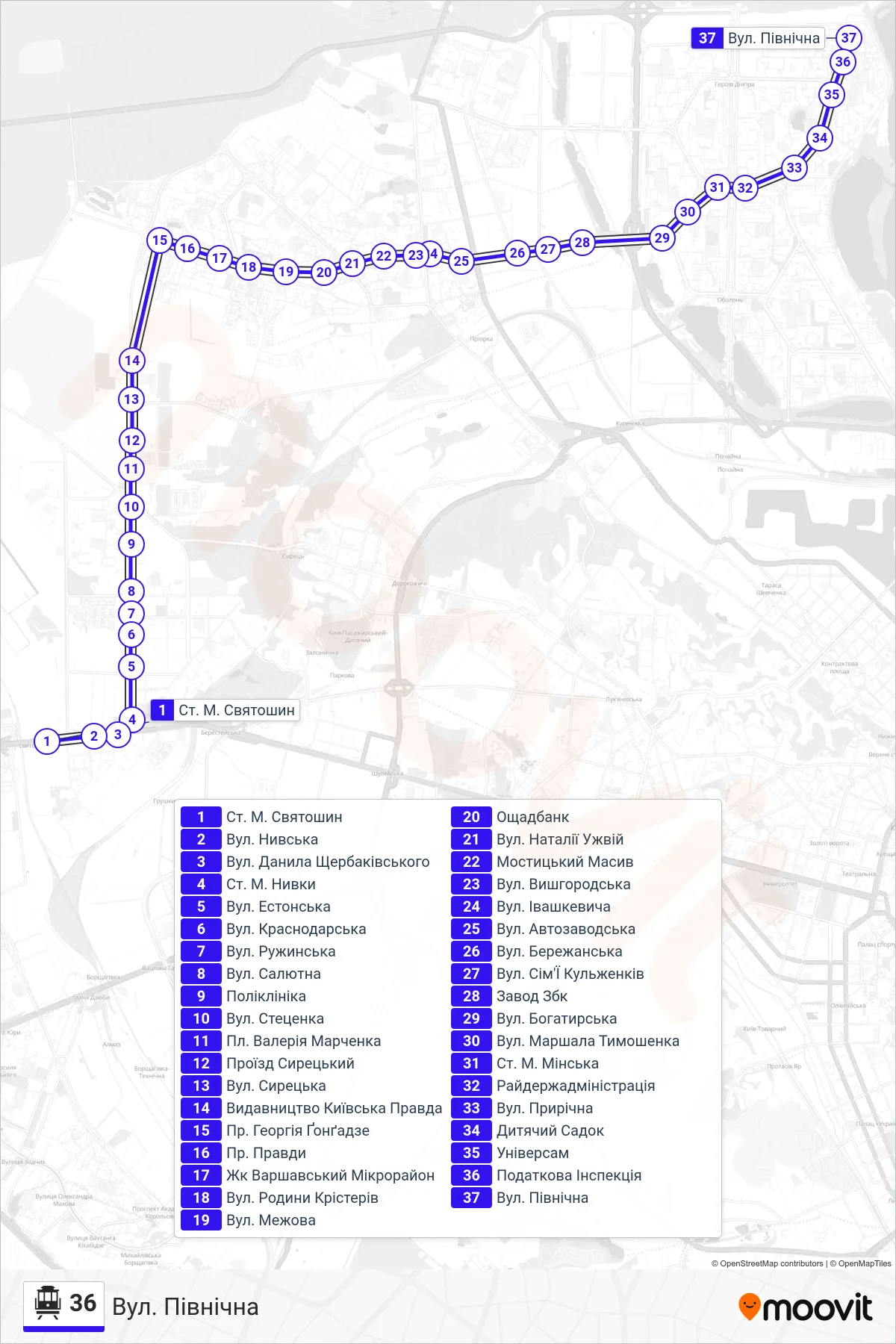 36 cable car Line (North Street) route and stops on a map
