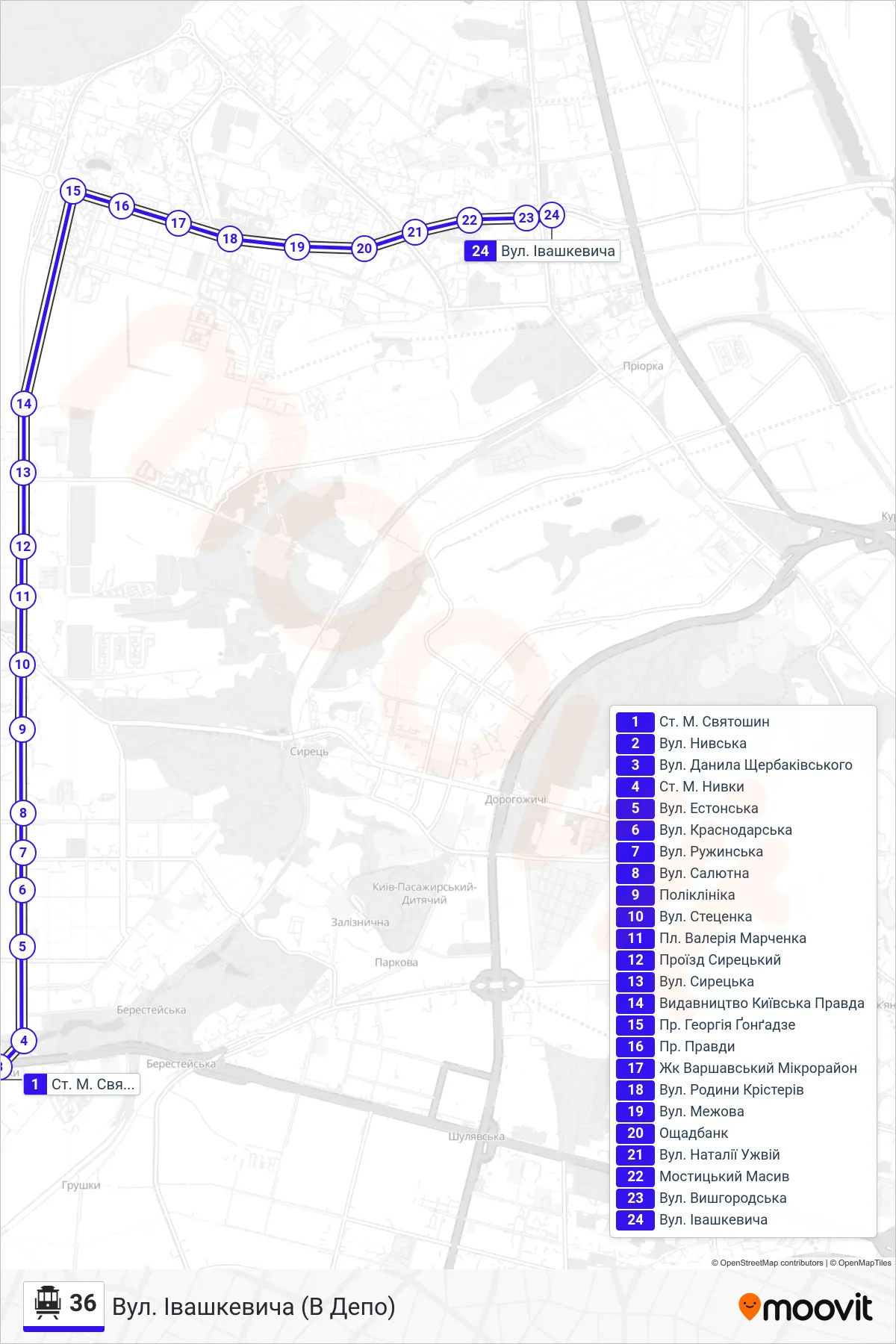 36 cable car Line (Ivashkevycha Street (To Depot)) route and stops on a map