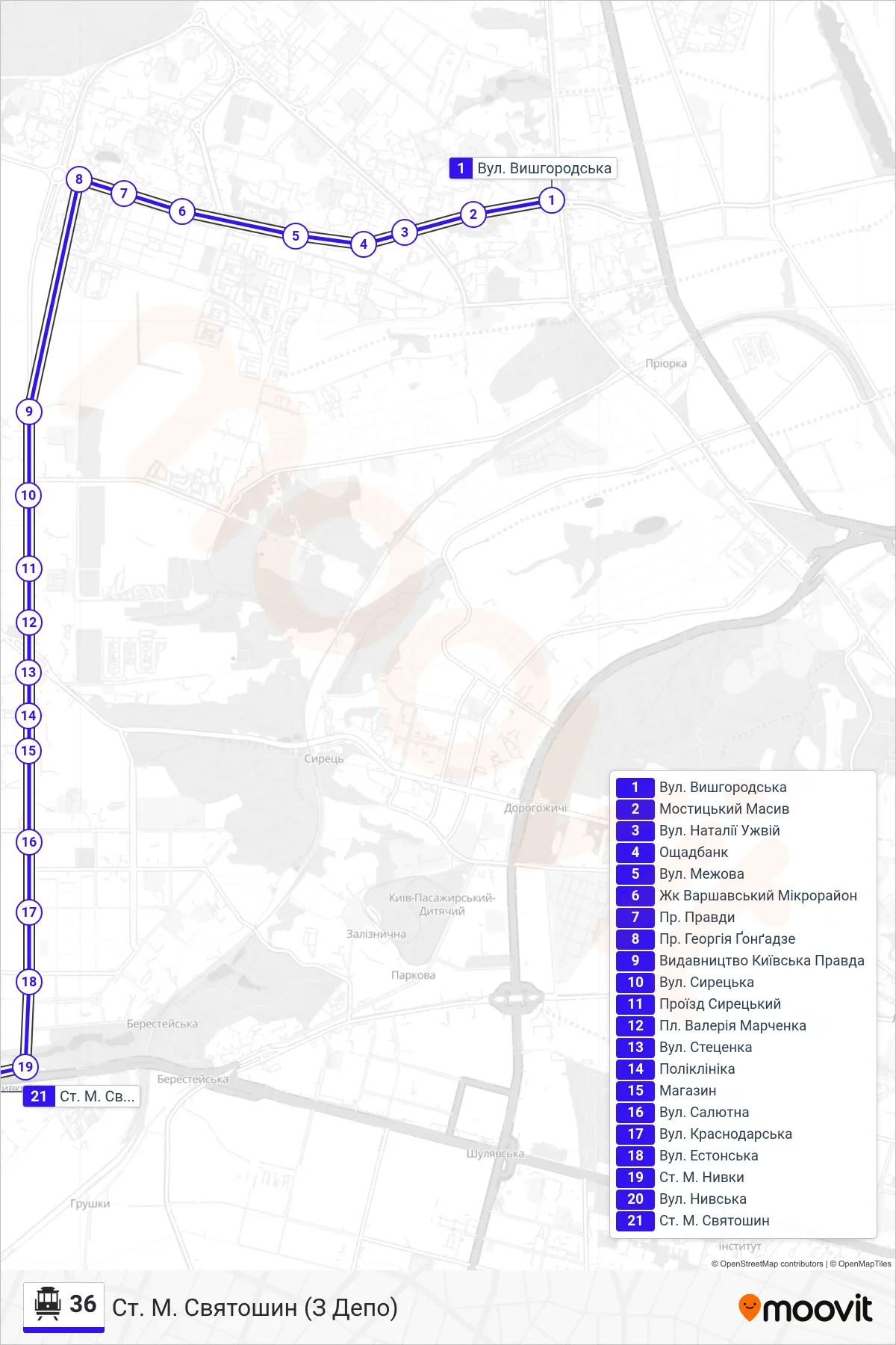 36 Trolleybus Line (Metro Sviatoshyn (From Depot)) route and stops on a map