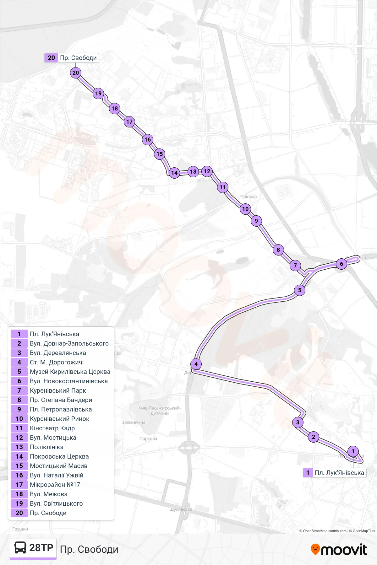 28TR bus Line (Svobody Ave) route and stops on a map