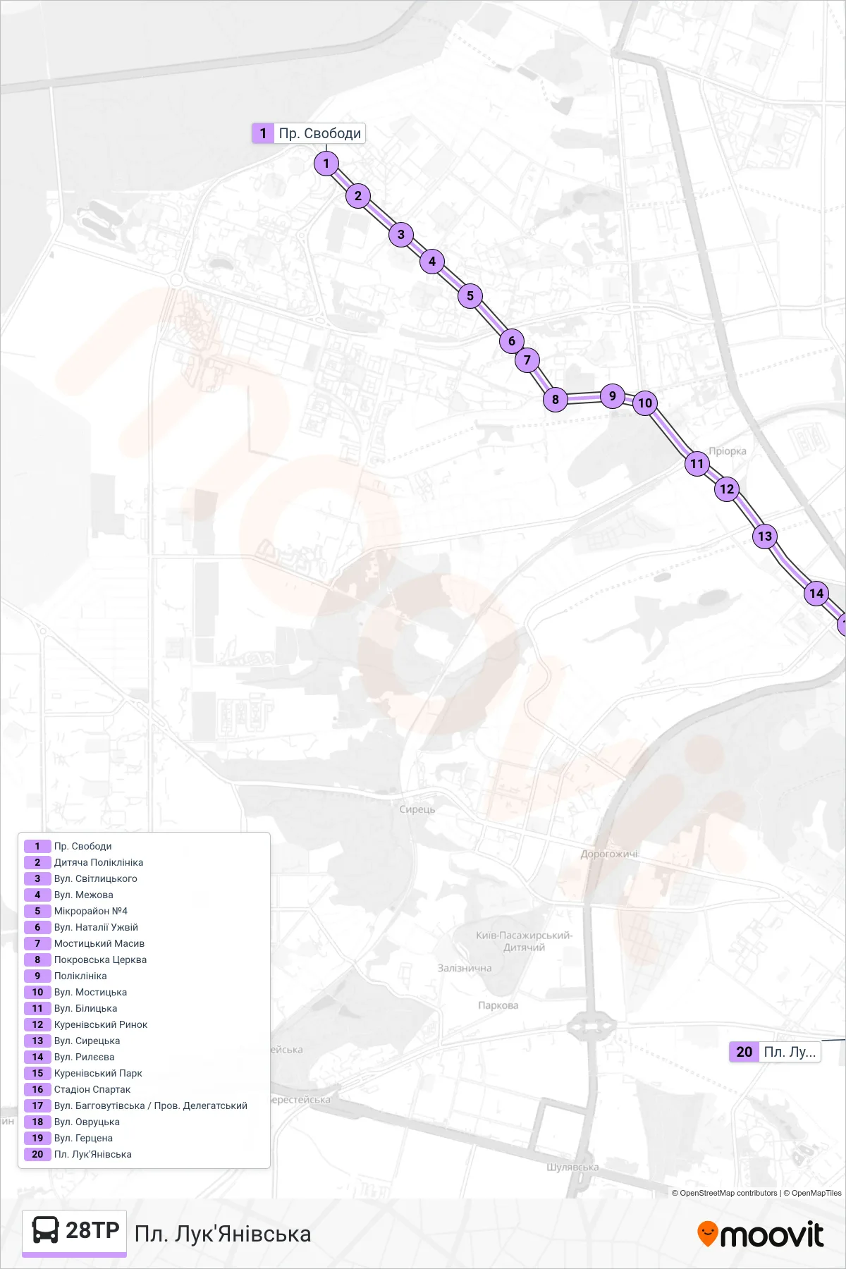 28TR bus Line (Lukianivska Square) route and stops on a map