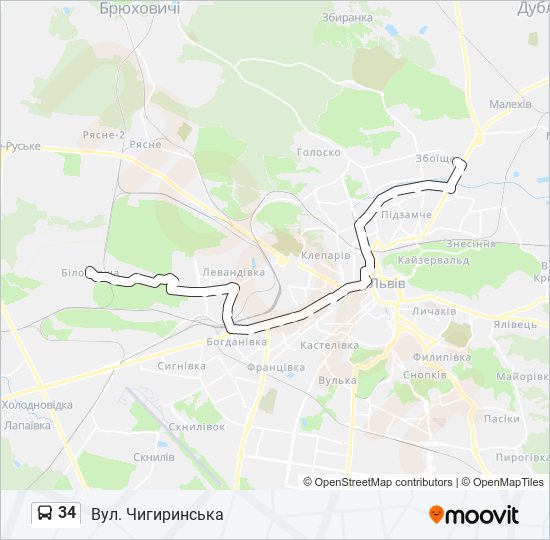 Маршрут 34 автобуса на карте со всеми остановками