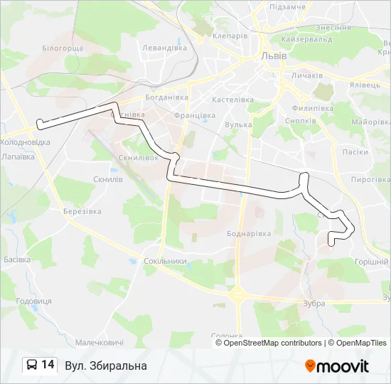 14 автобус Карта лінії