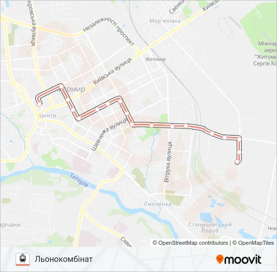 Трамвай ПЛ. ПЕРЕМОГИ - ЛЬОНОКОМБІНАТ: карта маршрута