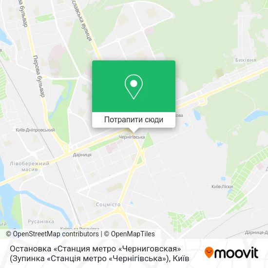 Карта Остановка «Станция метро «Черниговская» (Зупинка «Станція метро «Чернігівська»)