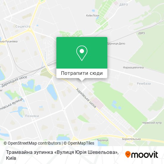 Карта Трамвайна зупинка «Вулиця Юрія Шевельова»