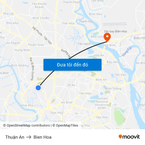 Thuận An to Bien Hoa map