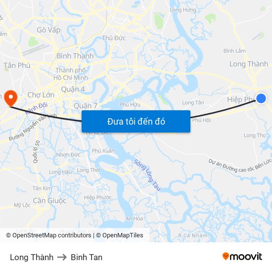Long Thành to Binh Tan map