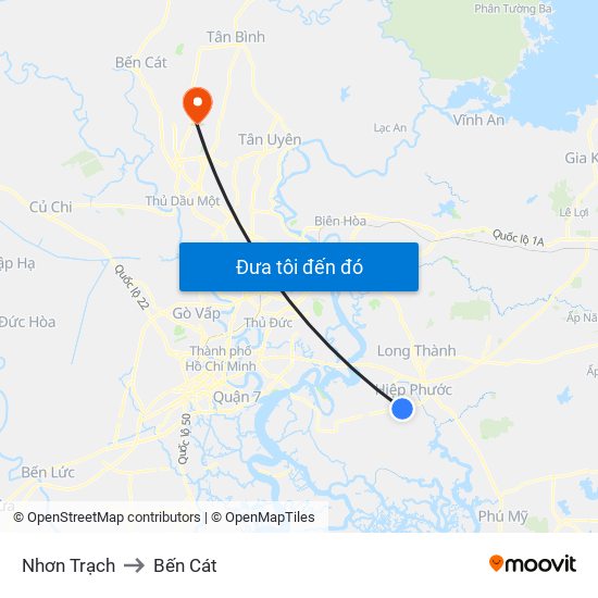 Nhơn Trạch to Bến Cát map