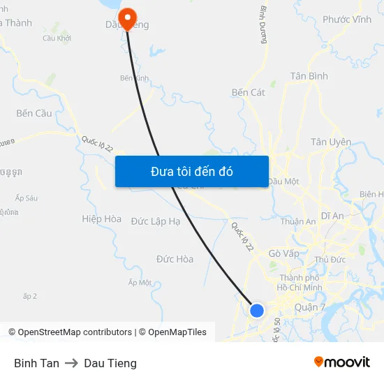 Binh Tan to Dau Tieng map