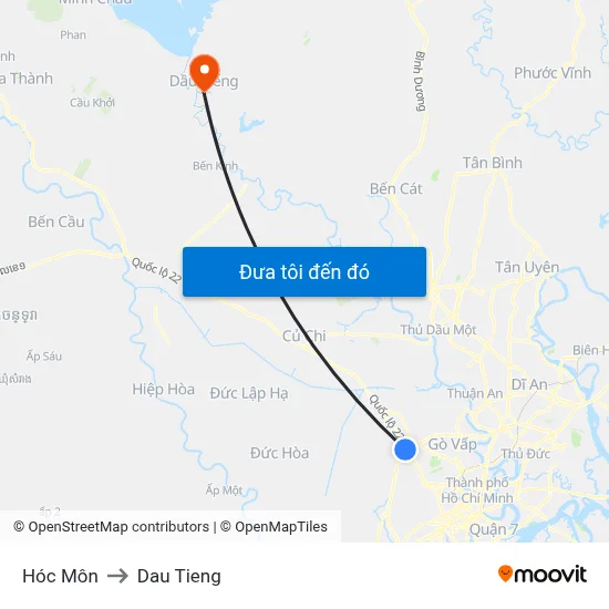 Hóc Môn to Dau Tieng map