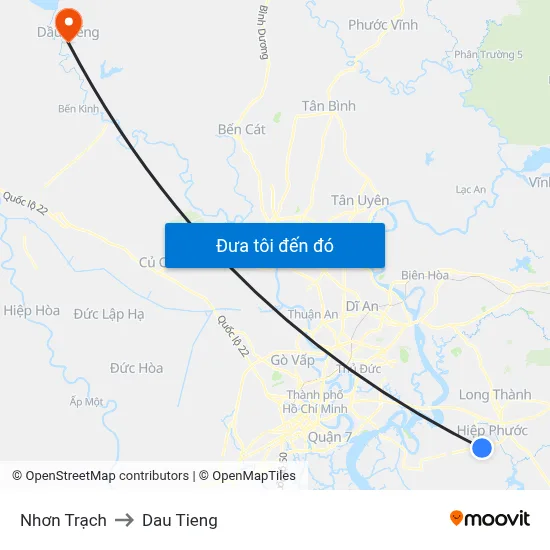 Nhơn Trạch to Dau Tieng map