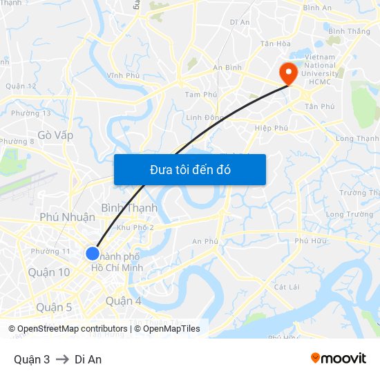 Quận 3 to Di An map