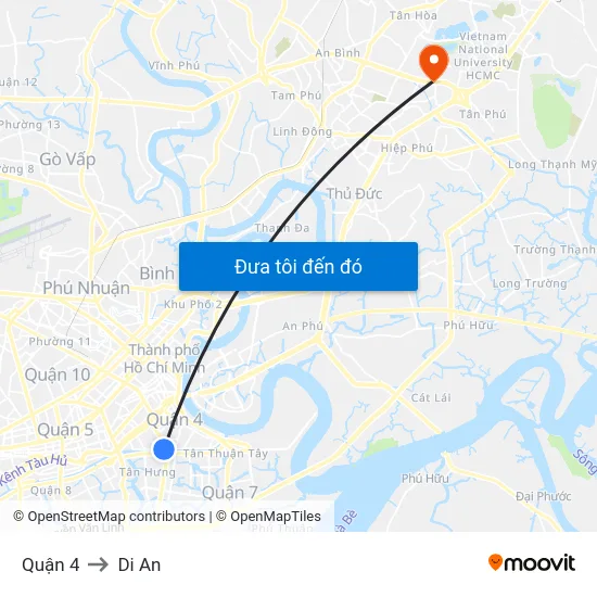 Quận 4 to Di An map