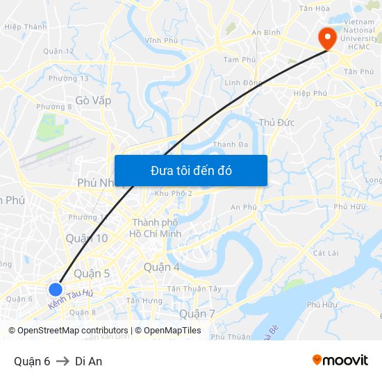 Quận 6 to Di An map