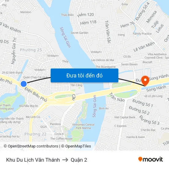 Khu Du Lịch Văn Thánh to Quận 2 map