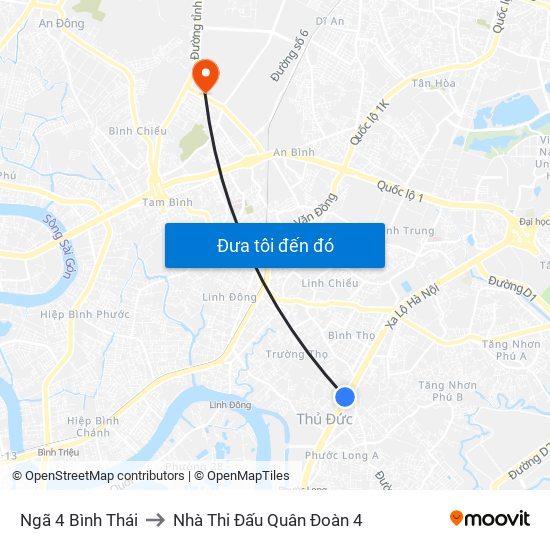 Ngã 4 Bình Thái to Nhà Thi Đấu Quân Đoàn 4 map