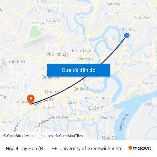 Ngã 4 Tây Hòa (Rmk) to University of Greenwich Vietnam map