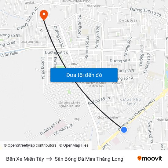Bến Xe Miền Tây to Sân Bóng Đá Mini Thăng Long map