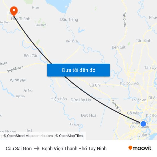 Cầu Sài Gòn to Bệnh Viện Thành Phố Tây Ninh map
