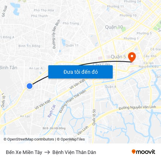 Bến Xe Miền Tây to Bệnh Viện Thân Dân map