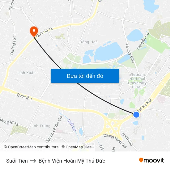Suối Tiên to Bệnh Viện Hoàn Mỹ Thủ Đức map