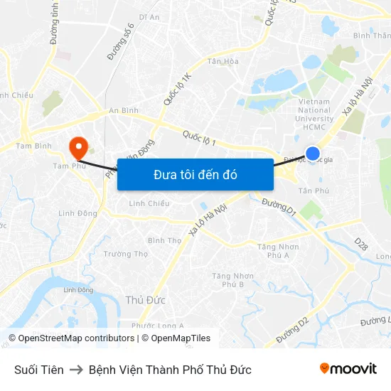 Suối Tiên to Bệnh Viện Thành Phố Thủ Đức map