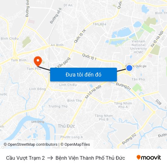 Cầu Vượt Trạm 2 to Bệnh Viện Thành Phố Thủ Đức map