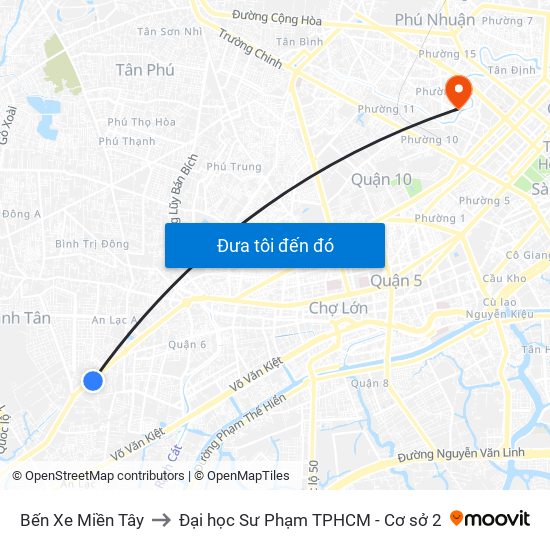 Bến Xe Miền Tây to Đại học Sư Phạm TPHCM - Cơ sở 2 map