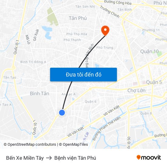 Bến Xe Miền Tây to Bệnh viện Tân Phú map