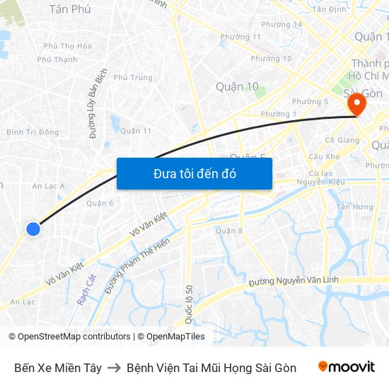Bến Xe Miền Tây to Bệnh Viện Tai Mũi Họng Sài Gòn map