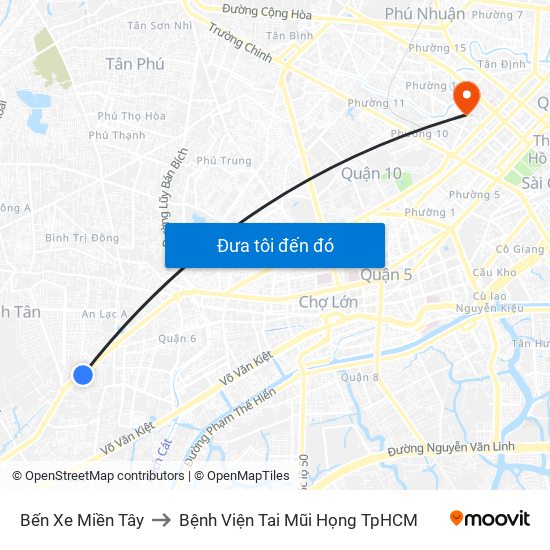 Bến Xe Miền Tây to Bệnh Viện Tai Mũi Họng TpHCM map