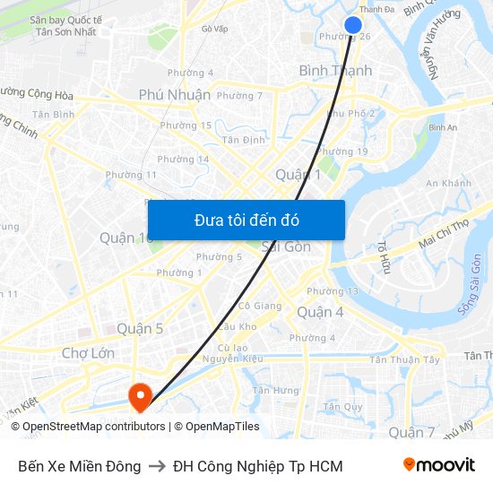 Bến Xe Miền Đông to ĐH Công Nghiệp Tp HCM map